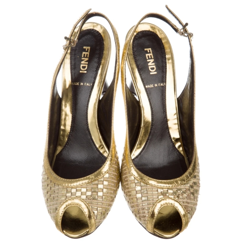 SOLD Fendi Peep-toe Mettalic Woven Wedge Sandals